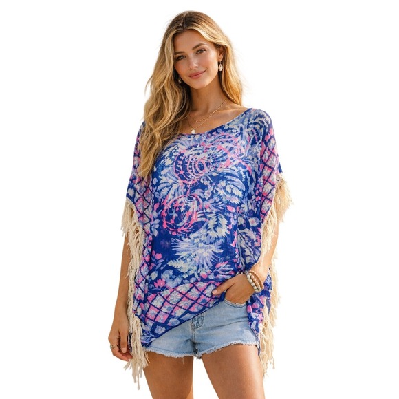 Lilly Pulitzer Tops - Lilly Pulitzer Fringe Kaftan Tunic Top XS Blue Pink‎ Tropical Print Beach Boho
